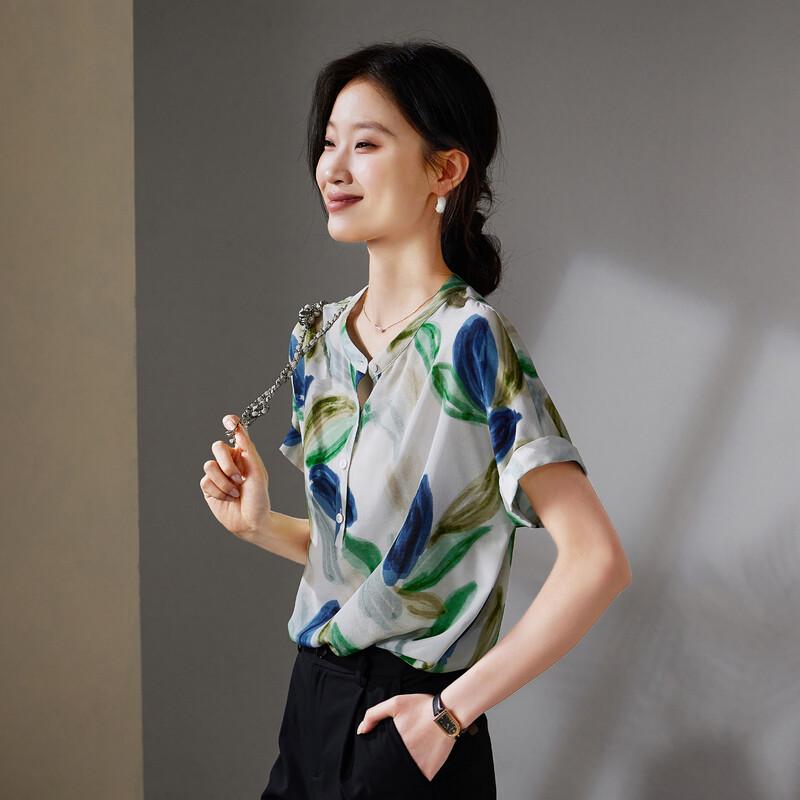 SOFSIL Women s Printed Silk Short-Sleeve Blouse M