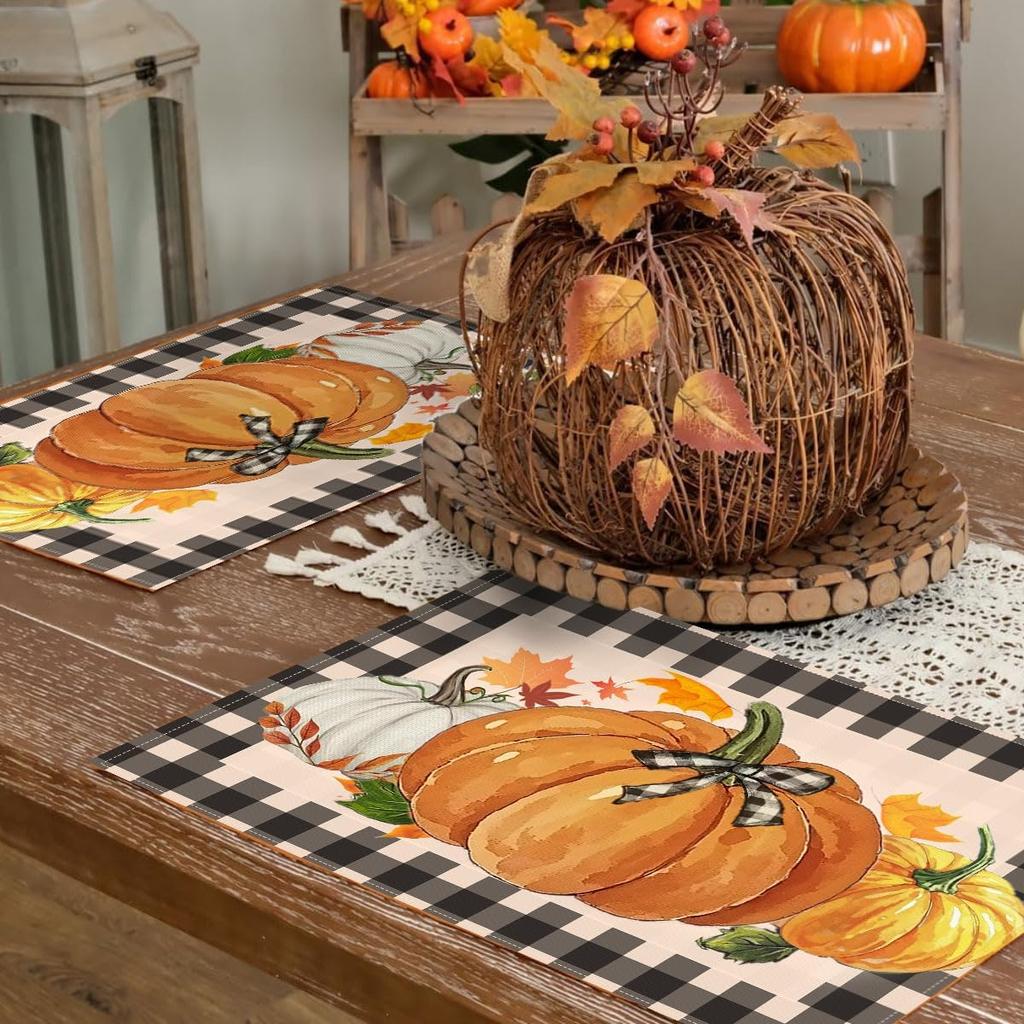 Pumpkin Buffalo Plaid Placemats Halloween Thanksgiving Table Mats Set of 4, 12x18 Inch Fall Autumn Decor for Party Kitchen Dining Decor Maple Leaf
