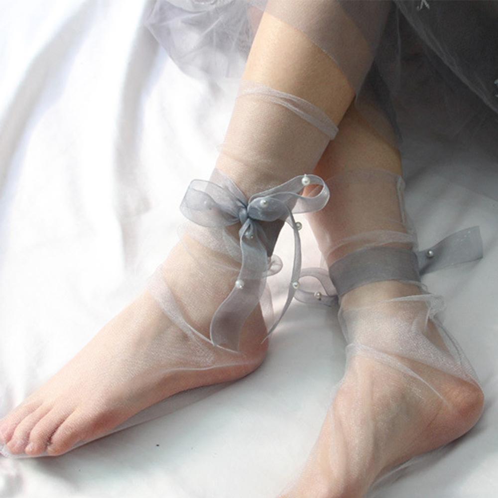 Summer Ultra-Thin Tulle Socks Women Transparent Pearls Long Socks Female Chiffon Lace Up Funny Socks Streetwear