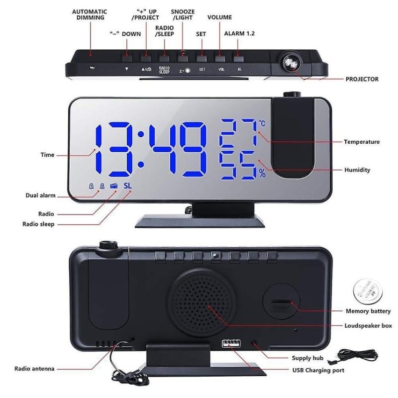 LED Digital Alarm Clock with FM Radio,Time Projection, USB Port, Snooze-Desktop Bedroom Clock (Black)