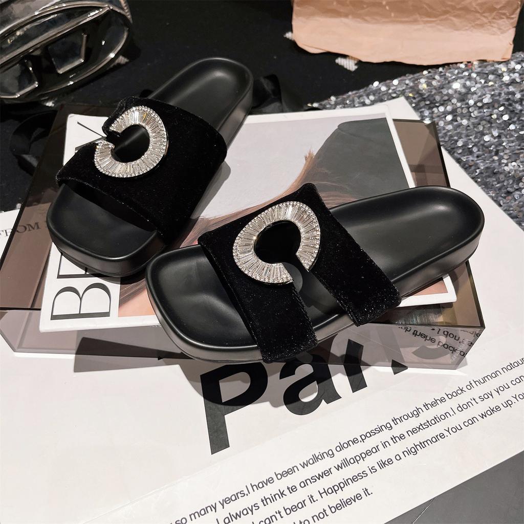 2025 new golden velvet rhinestone open-toe sandals, wear high-end hole slippers, flat-soled women's shoes tide