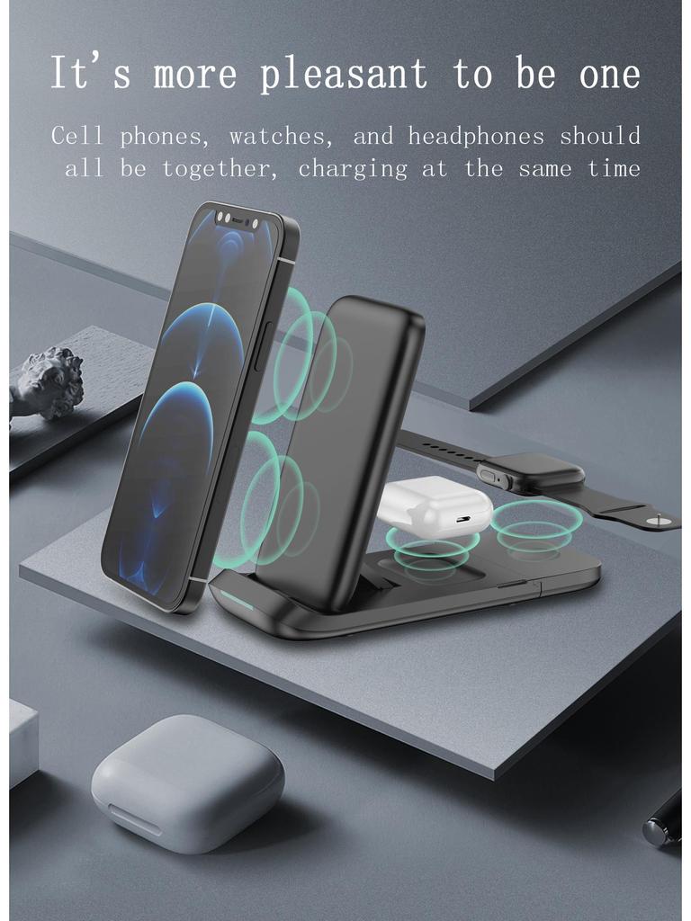 15W Foldable 3-in-1 Wireless Charger for Apple Phones, Watches, and Earbuds