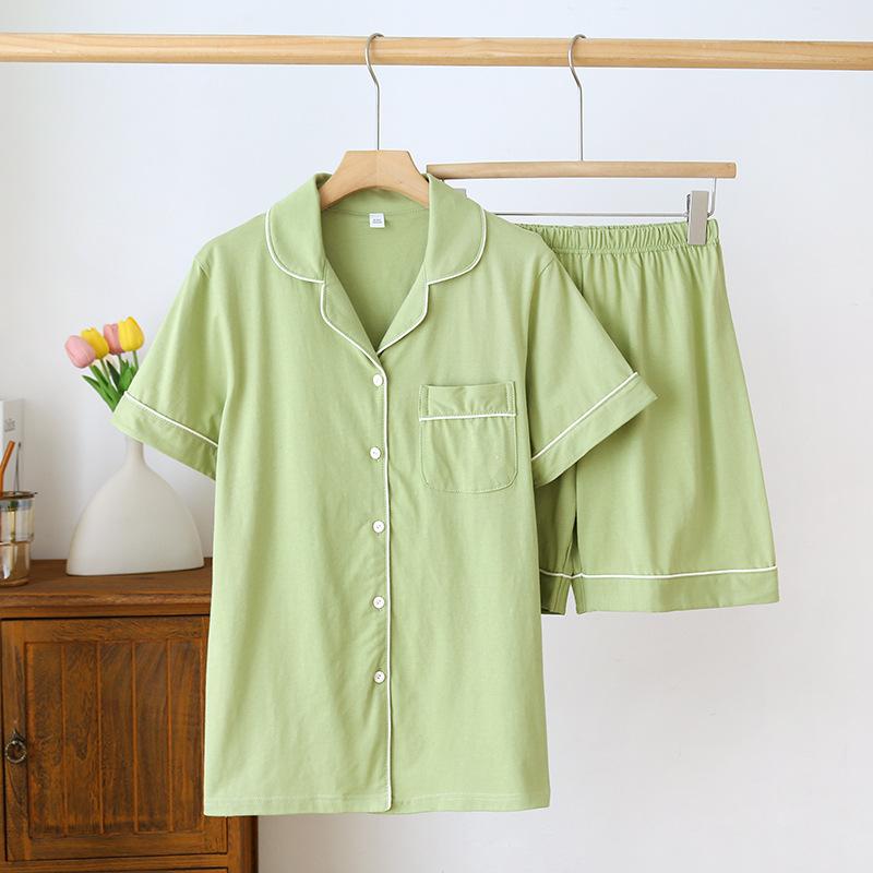 Summer New Women's Pajama Set 100% Cotton Short Sleeve Shorts Two Piece Cardigan Solid Color Casual Large Homewear