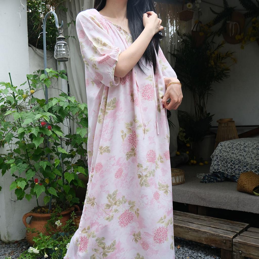 1011 new cotton and silk nightdress women's summer short-sleeved pajamas cartoon pony element long loose cotton silk skirt can be worn outside
