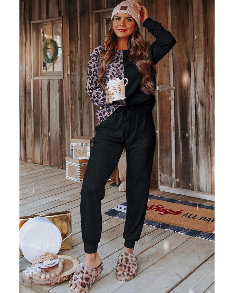 Azura Exchange Contrast Leopard Long Sleeve Pullover and Joggers Outfit