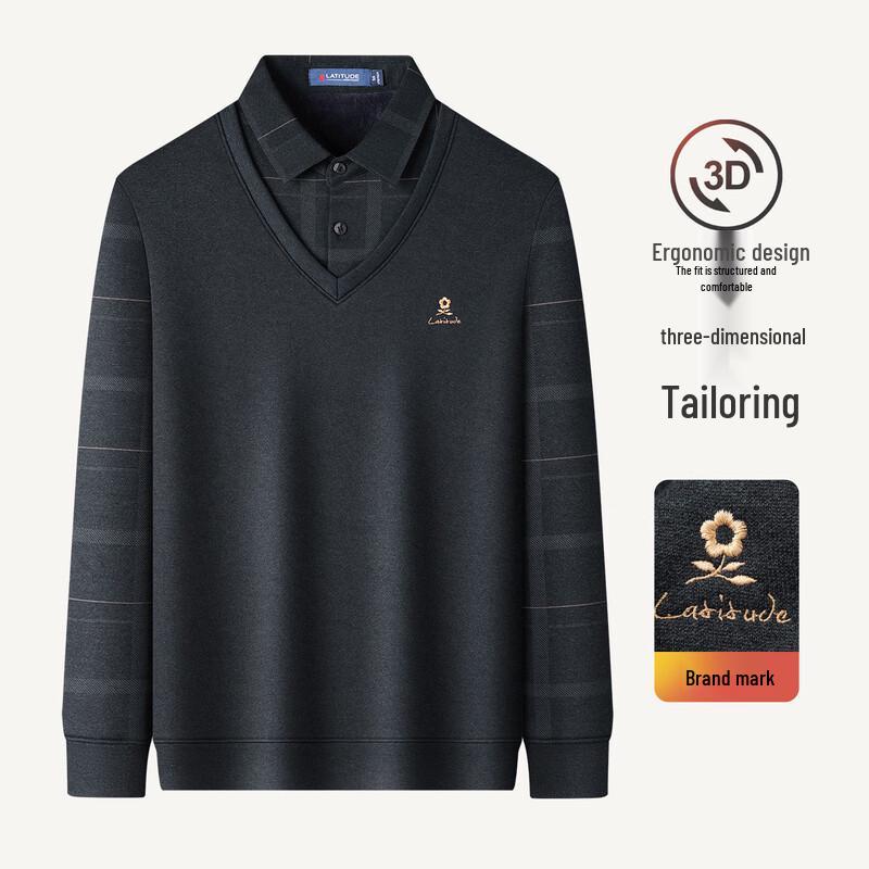 Montagut Men's Fleece Lined Faux Two-Piece Collar Long-Sleeve Polo Shirt