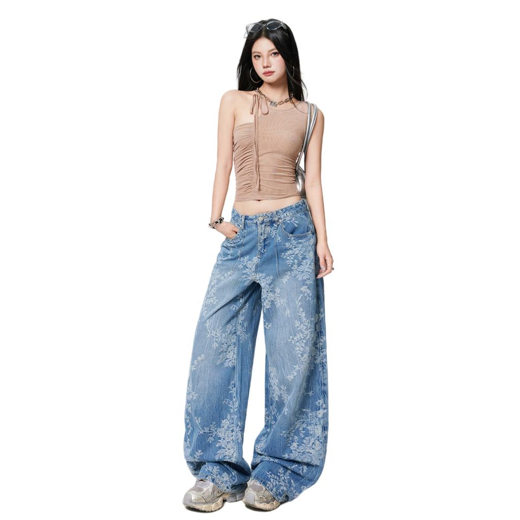 American Retro Jacquard Blue Jeans Women's Autumn New High-waisted Loose Straight Thin Versatile Niche Wide-leg Pants