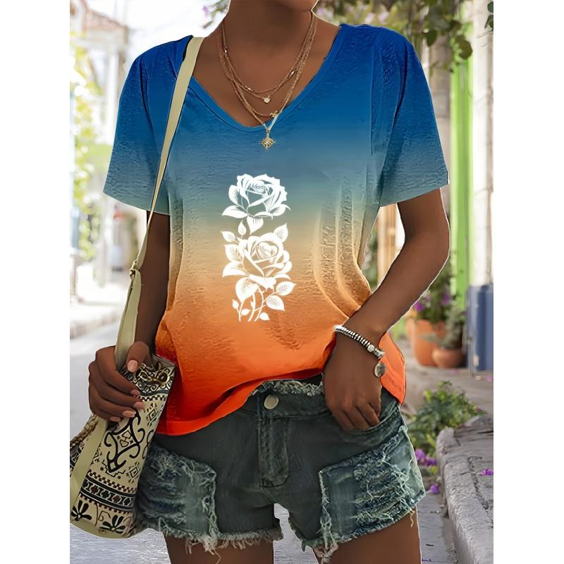 Womens V-Neck Short Sleeve T-Shirt With 3D Printed Striped Loose Fit Casual Chic Top 2025