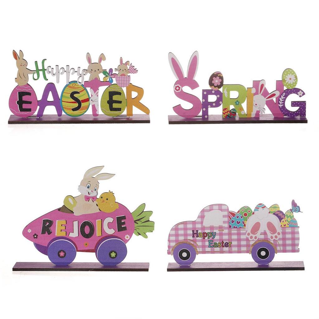 Colorful Easter Bunny & Eggs Wooden Desktop Ornament