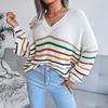 Women Loose V Neck Long Sleeve Striped Rainbow Sweater Fall Winter S-L