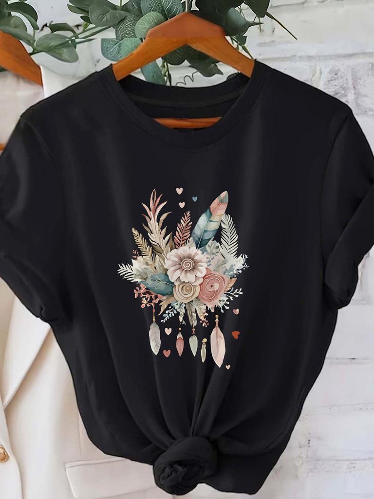 Floral Print Round Neck Top with Botanical Desig Print Tshirt Womens Harajuku Short Sleeve Casual Womens Tshirt Clothing