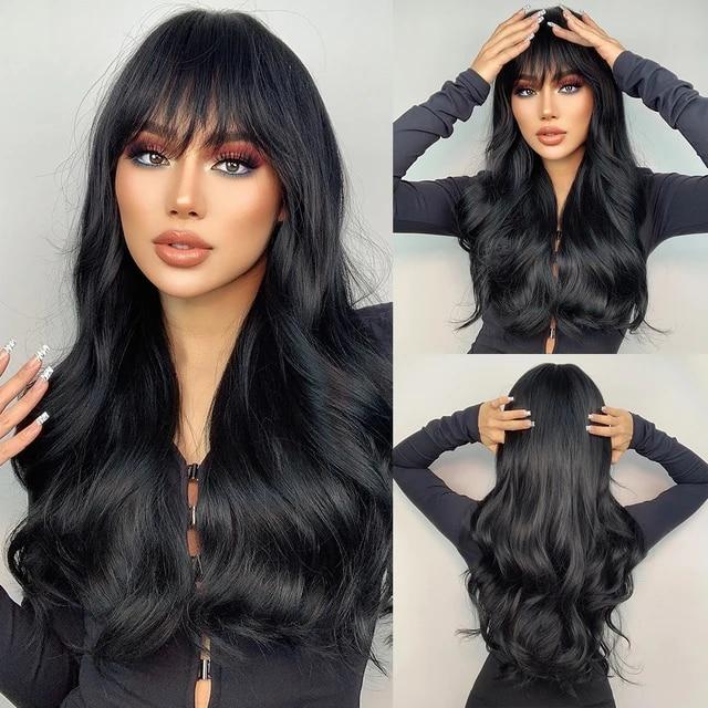Wine Red Long Wavy Synthetic Wig High Temperature Natural Wig with Bangs Colorful Party Cosplay Hair for Black Women