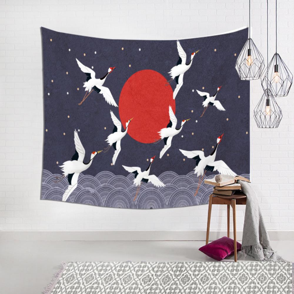 Japanese Ocean Wave Sunset Sun Tapestry Exotic Style Red Crowned Crane Background Bedroom Wall Cloth Room Decoration Painting Hanging Cloth