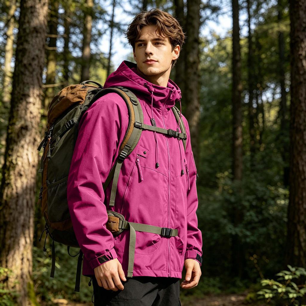 Men's Outdoor Waterproof Jacket Windproof Lightweight Hiking Raincoat with Adjustable Hood and Multiple Pockets for Sports and Travel