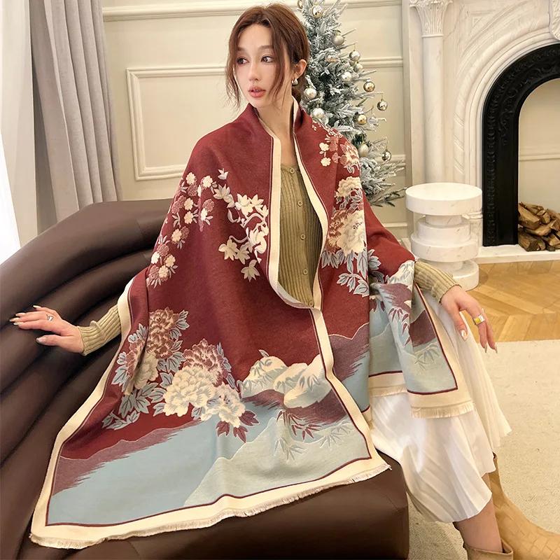 Luxury Cashmere Floarl Scarf Winter Women Pashmina Shawls Warm Blanket Wraps Female Foulard Bandana Brand Thick Scarves Hijab
