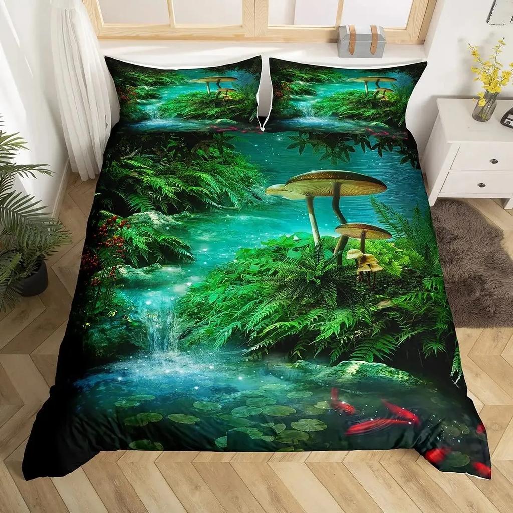 Funda nórdica de bosque de hadas y setas, juego de cama de planta de hongo de dibujos animados liliputiense mágico, funda de edredón de poliéster de jardín de fantasía