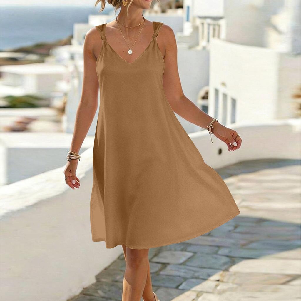 Women Sleeveless V Neck Strap Dress Casual Loose Fit Tie Shoulder Summer A Line Dress Lightweight Solid Design