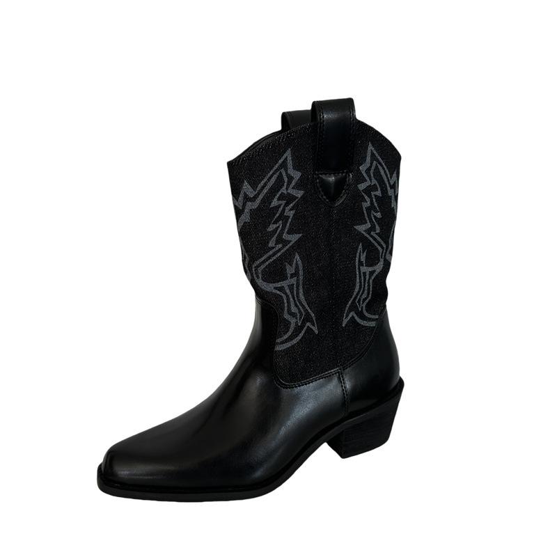 Cai Wenjing Zhang Yuxi V-mouth Western Cowboy Boots Women's 2025 Autumn New Retro Medium Boots