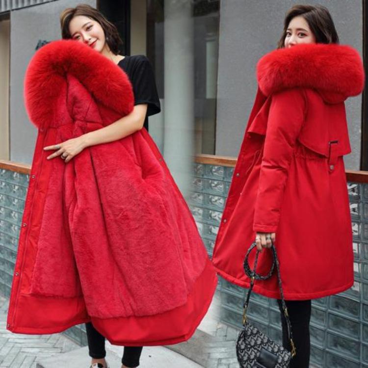 Winter Plus Size Jacket Women Long Sleeve Knee Length Thick Plush Furry Hood Pockets Zipper Button Closure