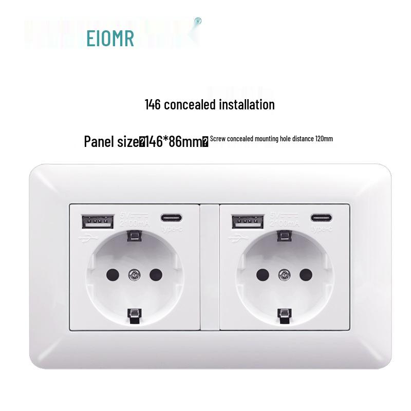 Curved White European Standard Socket Panel with Double USB & Type C, German Switch, Concealed Installation
