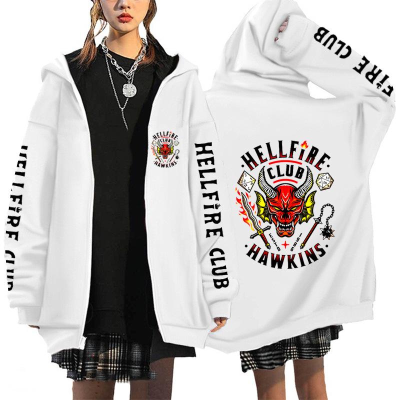 

Cartoon Hellfire Club Printed Hooded Men Women Zip Up Hoodies Casual Loose Sweatshirt Harajuku Unisex Zipper Jacket XXS білий