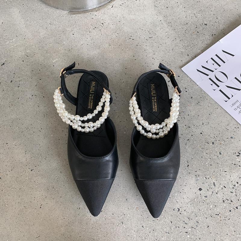 Mary Jane early autumn pointed fashion pearl shallow mouth single shoes hollow T-buckle strap flat heel sandals