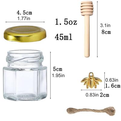 1.5 Oz Hexagon Mini Glass Honey Jars Honey Jars with Wood Dipper, Gold Lid, Bee Pendants, Jutes - for Baby Shower, Wedding