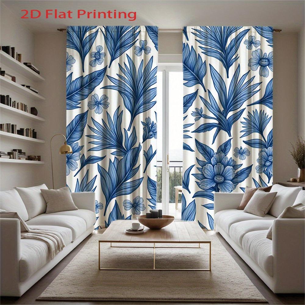 Flat Printing Curtains Blue Floral Leaf Pattern Curtain Polyester Fabric Material Home Deco Set Of 2 Made With Rod Pocket