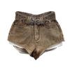 Women's Brown Washed Denim High Waist Shorts Casual Hot Pants with Double Le Belt