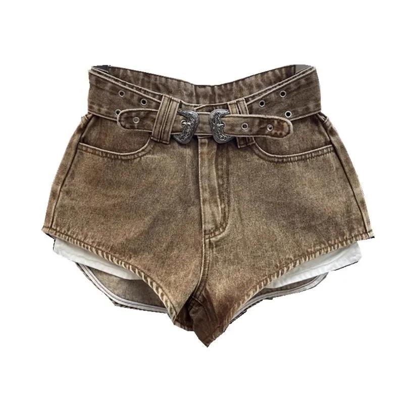 Women's Brown Washed Denim High Waist Shorts Casual Hot Pants with Double Le Belt