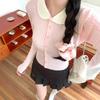 Korean Sweet Wind Pink Doll Collar Twist Long-sleeved Knitted Sweater Women's Autumn Slim Short Soft Waxy Super Good-looking