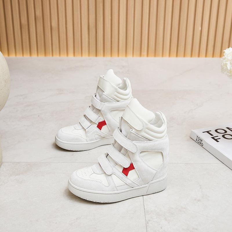 Genuine Leather 7CM Inner Height-increasing High-top White Shoes for Women Autumn New Velcro Casual Sports Short Boots
