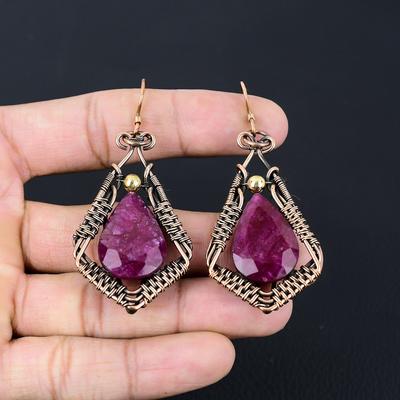 Pendientes de Joyería de Rubí Creado en Laboratorio Hechos a Mano Envueltos en Alambre de Cobre Puro Para el Día de los Caídos