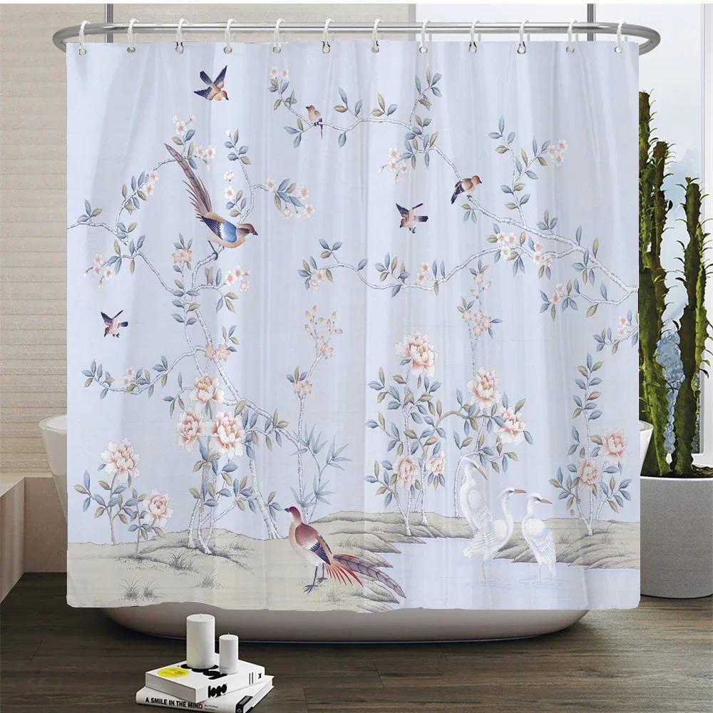 Plant Flowers and Birds Shower Curtain 180x180cm Floral Printed Shower Curtain Polyester Bath Curtain Bathroom Decor With Hooks