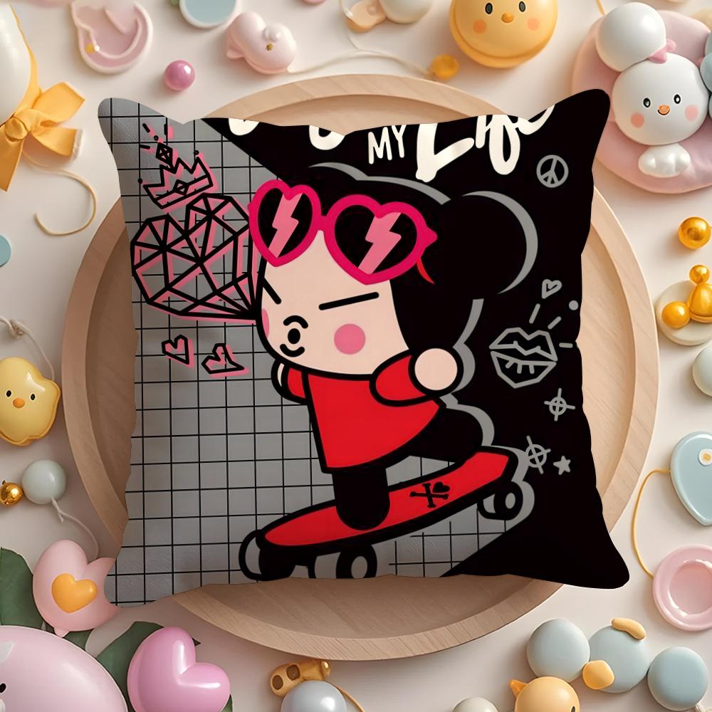 Kawaii P-Pucca Anime Cushion Cover Plush Fabric Soft Double-Sided Printed Sofa Pillow Case Colorfast Home Decor Gift