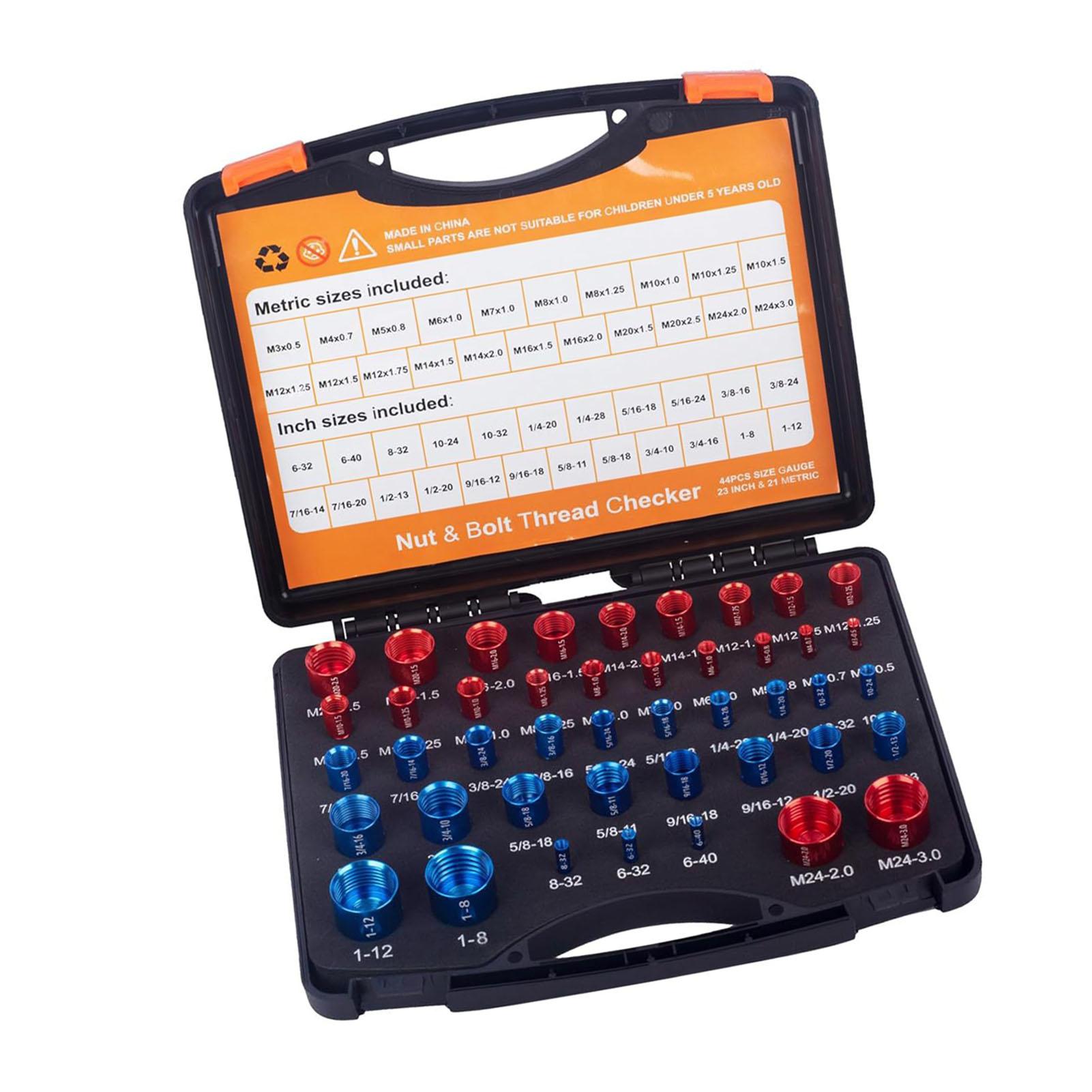 

44PCS Nut and Bolt Thread Checker Aluminum Bolt Nut Identifier Gauge with Storage Box for Maintenance Repair