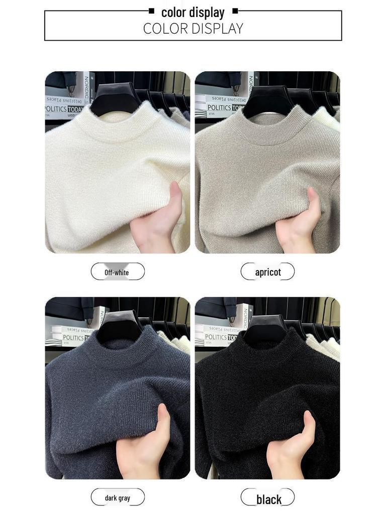 Men's High Neck Solid Color Thick Knit Sweater - Velvet Warm Base Layer for Autumn/Winter