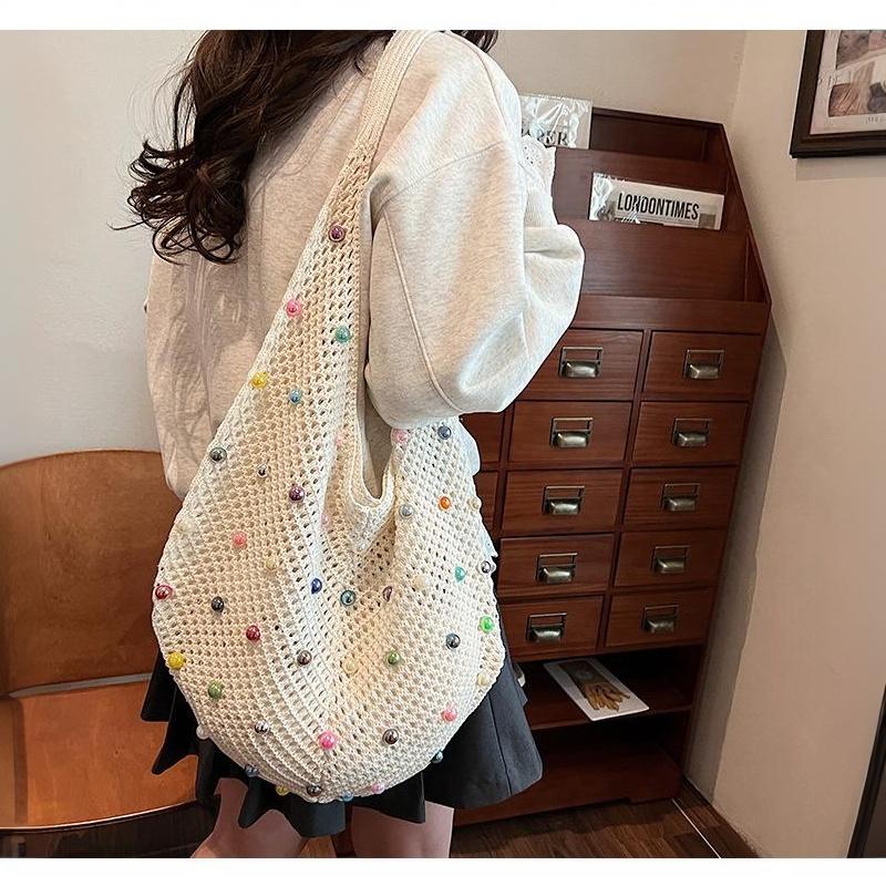 Hollow Out Single Shoulder Knitted Beach Bag Women's Colorful Large Capacity Tote for Seaside Holiday Pool Parties