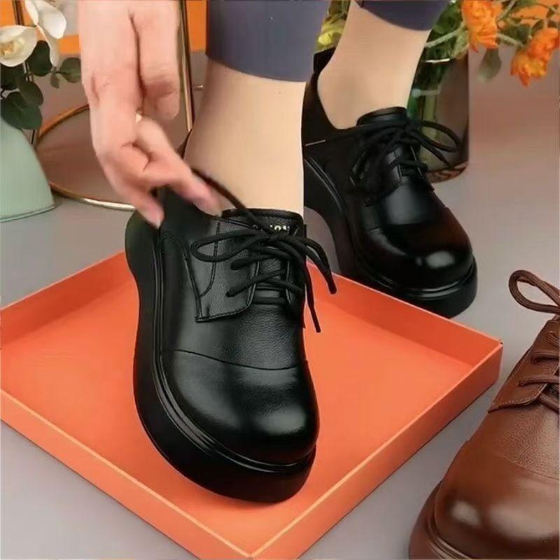 2025 Spring, Summer and Autumn New Lace-up Single Shoes Soft Leather Muffin Thick-soled British Style Round Head Women's Shoes Soft-soled Casual Shoes