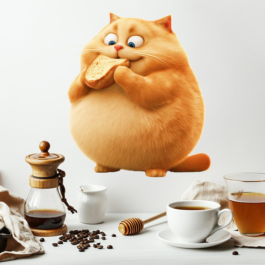 Verspielter dicker Katze isst Brot Wandaufkleber Selbstklebend Abnehmbare Decals für Kinderzimmer Kinderzimmer Wanddeko