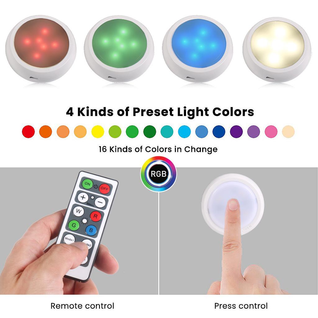 RGB LED Under Cabinet Lamp Puck Light 6 Pack with Remote Control Brightness Adjustable Dimmable Timing Supported 16 Colors Automatic Changing/ Flash