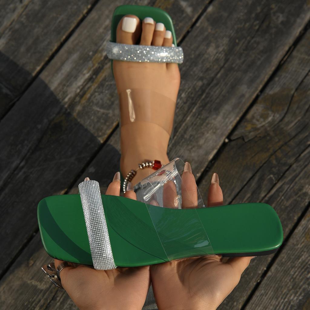 Spring and summer new flat-bottomed slippers women's fashion transparent one-word with square head rhinestone cool slippers