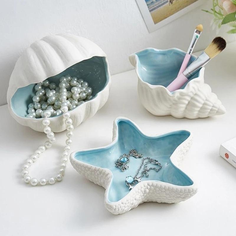 Unique Seaside Ceramic Jewelry Dish - Starfish/Shell Shaped Tray, Elegant Decor for Beach Houses & Trinkets Storage
