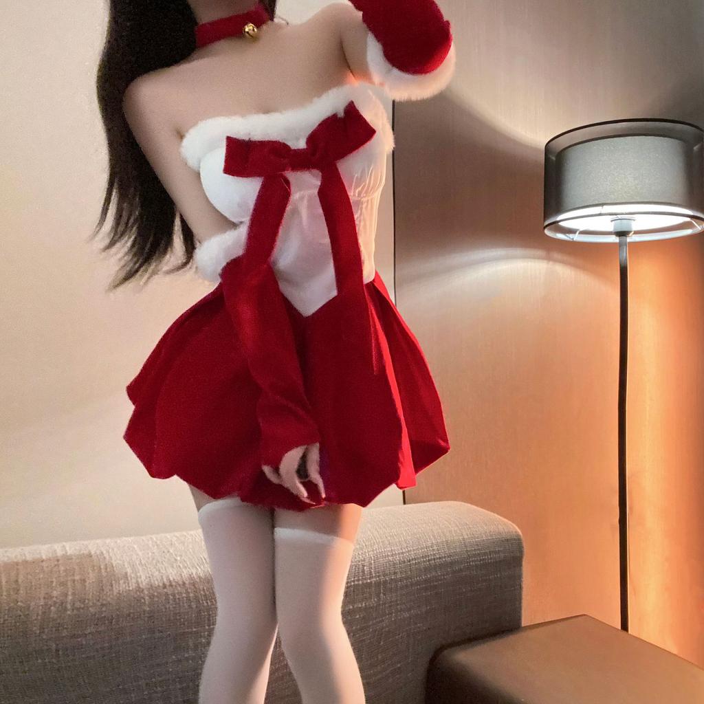 Christmas dress women's sexy velvet sweet bow bud tube top sexy underwear women