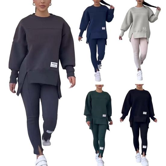 2 Pcs/Set Women Top Pants Suit Round Neck Long Sleeve Slit Hem