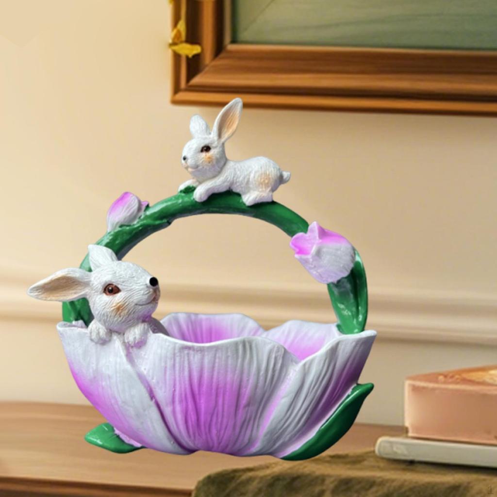 Bunny Figure Basket Resin Sculpture Candy Dish Rabbit Figurines for Home Decor