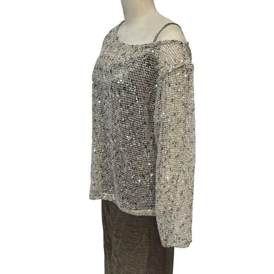 Women Tops Sparkling Sequin Detail Round Neck Long Sleeve Loose Fit Pullover Tops Office Vacation Party Wear