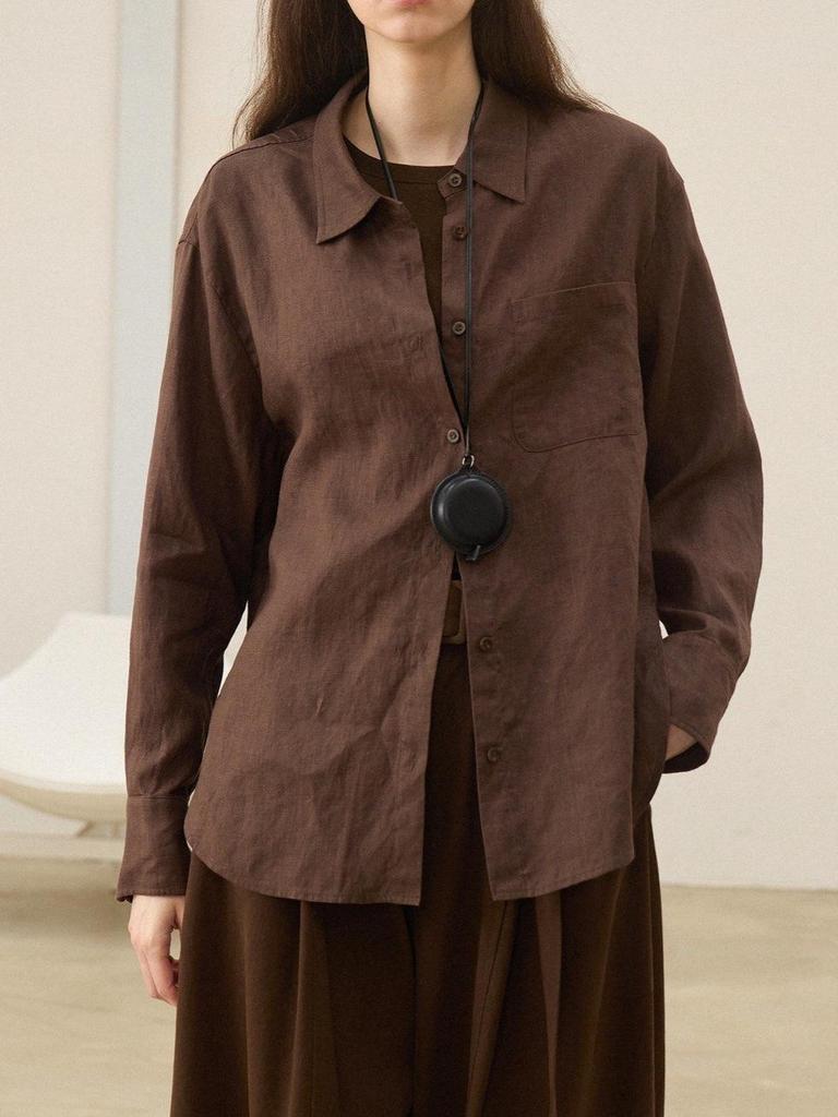 Green 100% Linen Women's Loose Long Sleeve Shirt for Early Autumn Wear