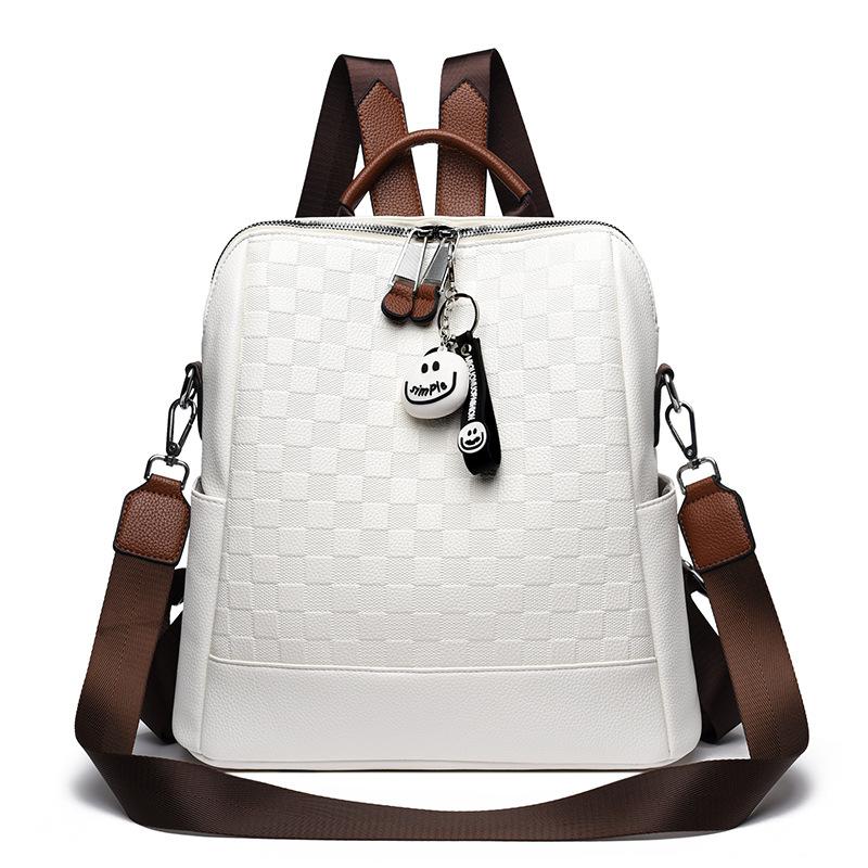 New Embossed Chessboard Plaid Backpack for Women's Bag Genuine Leather Texture Send Pendant Multi-functional Ins Backpack Trendy