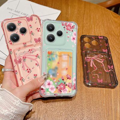 Bowknot Floral Print Card Slot Slim Case For Xiaomi 14T 13T Pro Poco F6 Pro X6 Redmi 14C Note 13 Pro 12 11 Soft Silicone Shockproof Clear Phone Cover